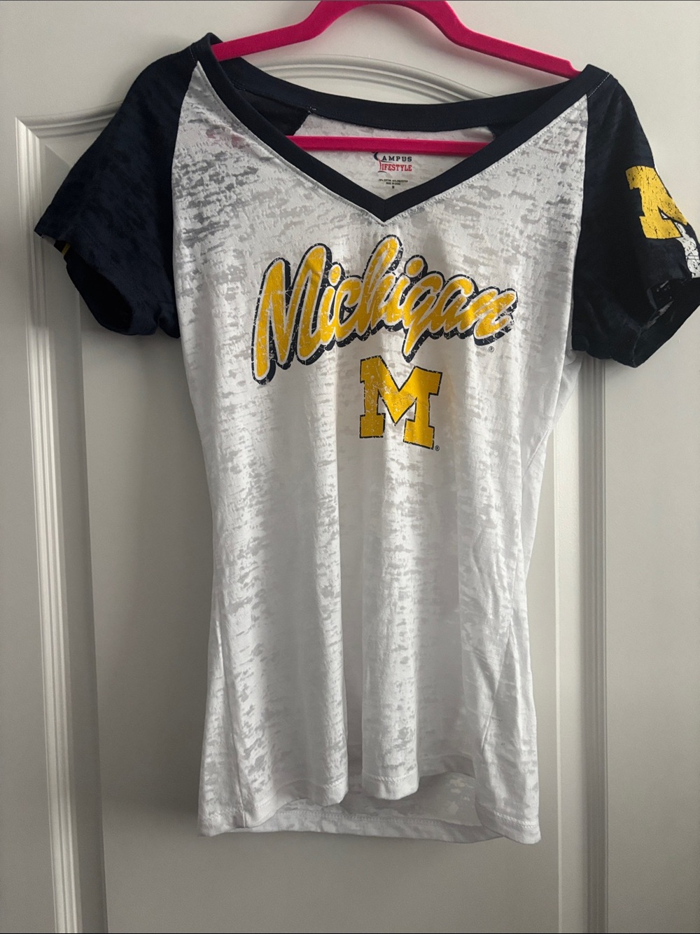 Campus Lifestyle Michigan V‑Neck Raglan Tee - White & Navy